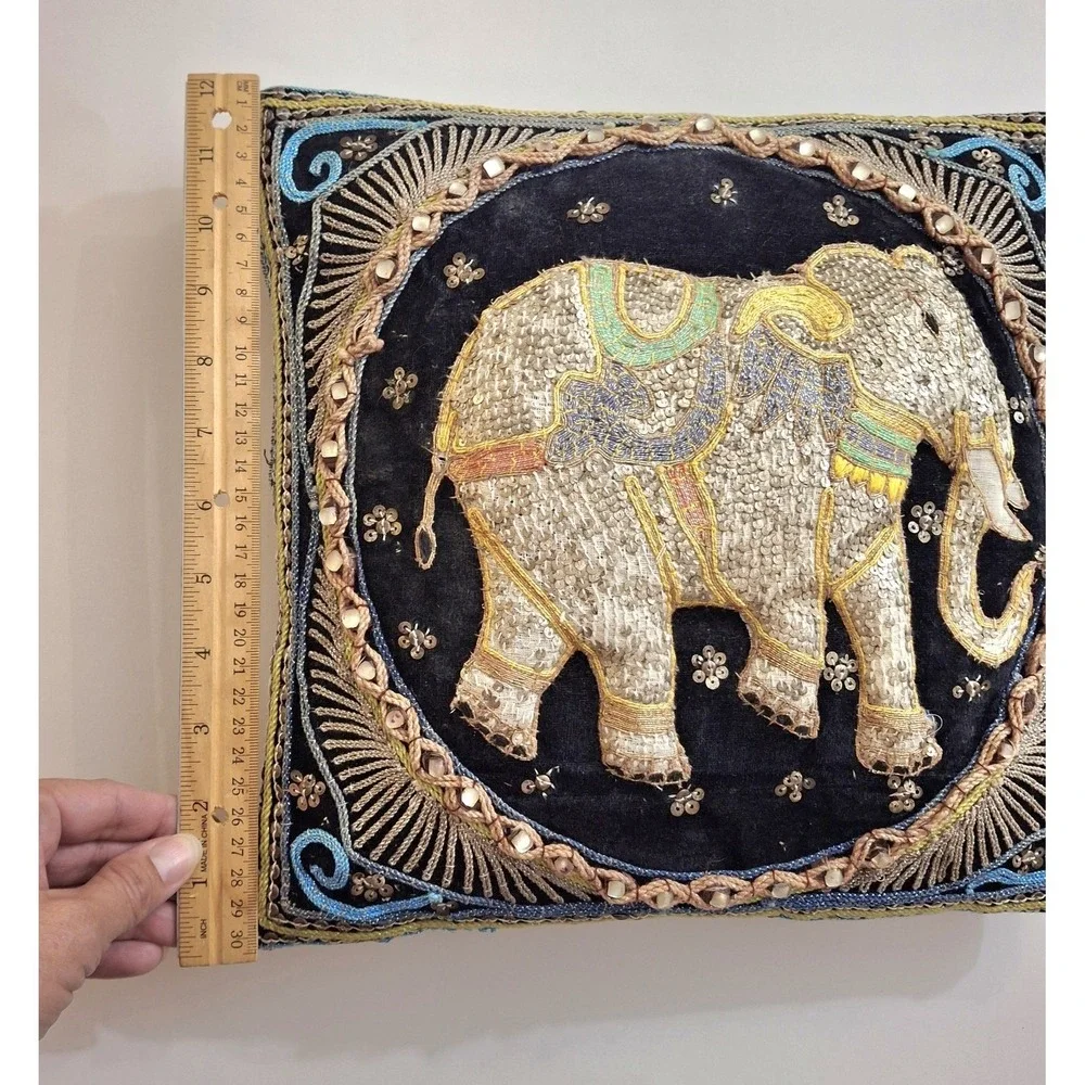 Vintage Boho Kalaga Burmese Elephant Embroidered Sequin Throw Accent Pillows x 2